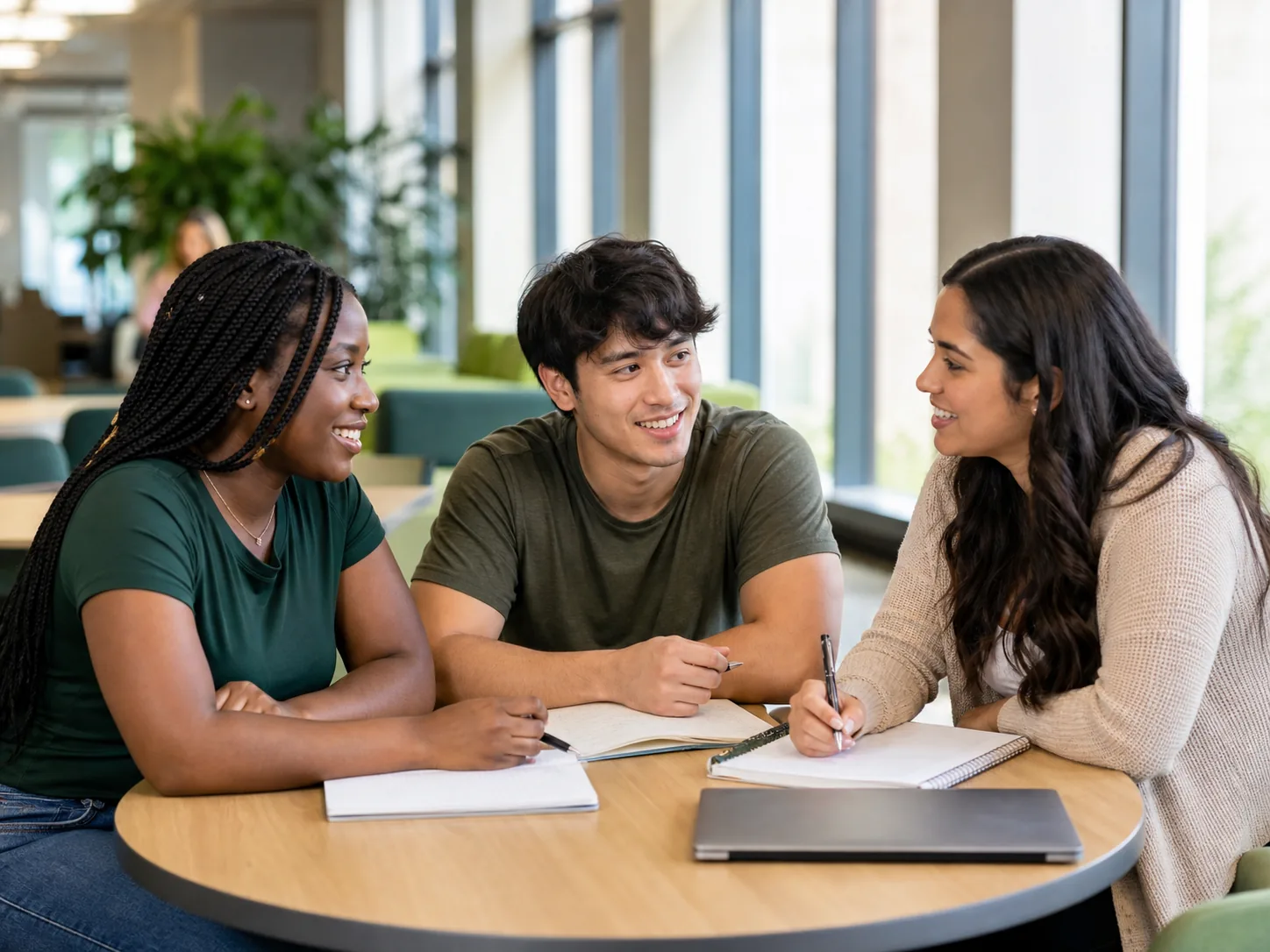 Undergraduate students collaborating at a table on campus