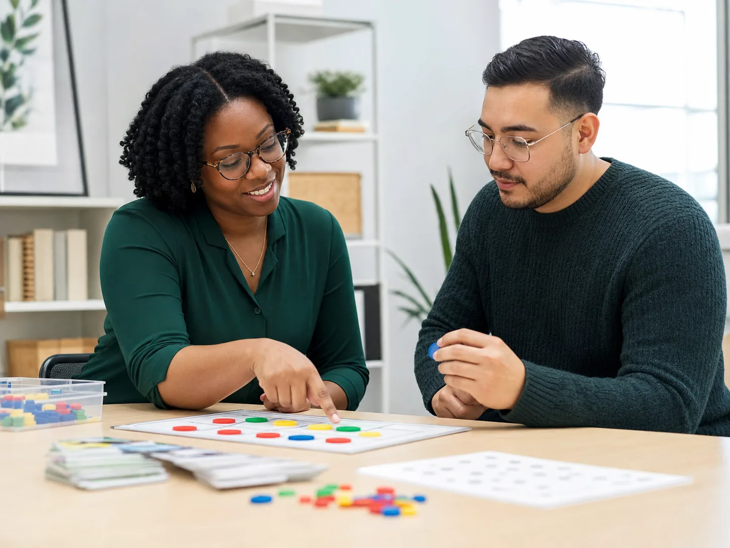 Adults practicing a structured teaching activity during behavior technician training